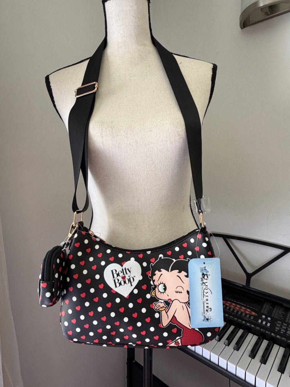 Betty Boop Black Shoulder Bag with Red and White Heart Print